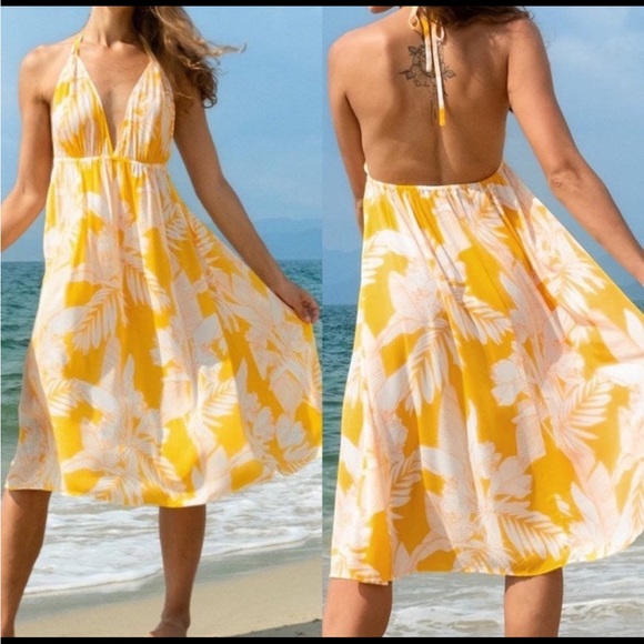 Cupshe Swim New Cupshe Swim Coverup Yellow Palm Print Plunging